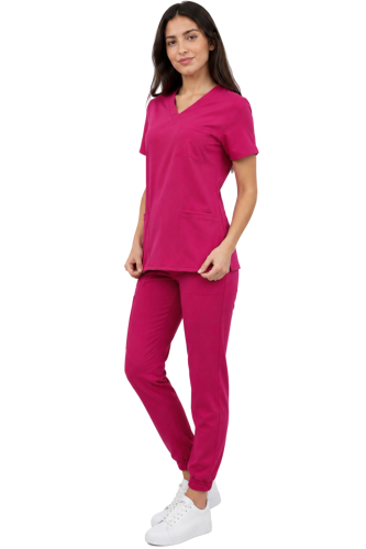 Amarantowy komplet medyczny damski – scrubs CASUAL PREMIUM-bok.png
