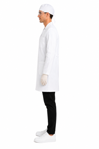Zestaw fartuch laboratoryjny okulary czepek medyczny rekawiczki lateksowe widok z boku.png