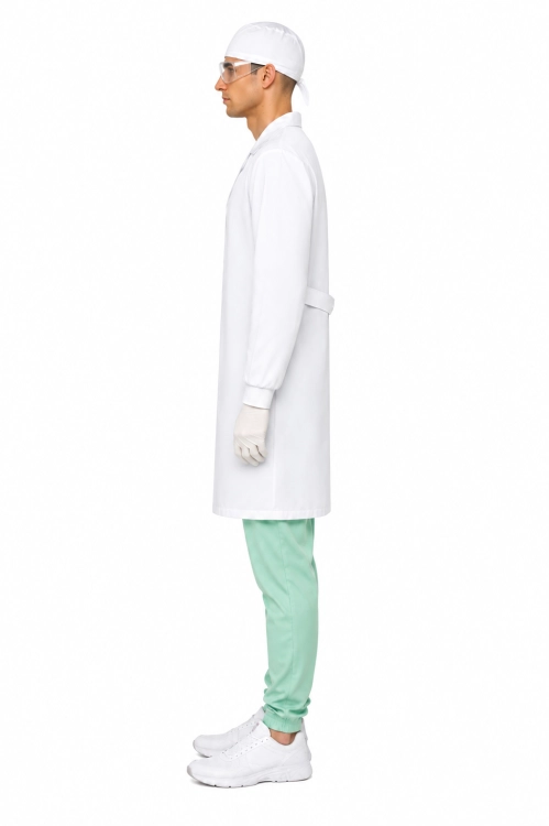 zestaw laboratoryjny męski fartuch medyczny okulary przeciwodpryskowe czepek medyczny rekawiczki widok z boku.png
