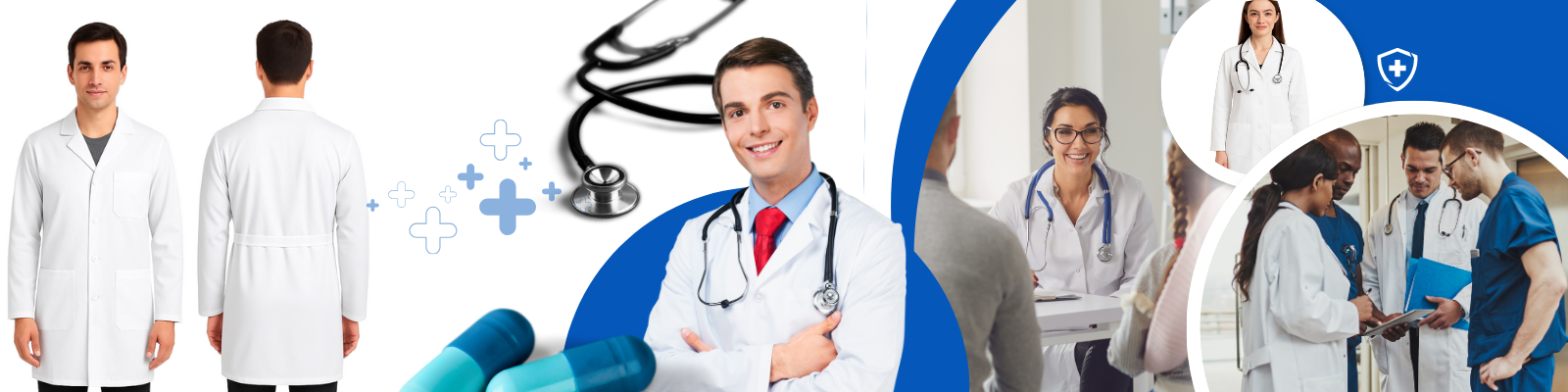 Екип от лаборанти в лабораторно облекло ModernBHP – престилки, блузи, панталони. Полско производство.