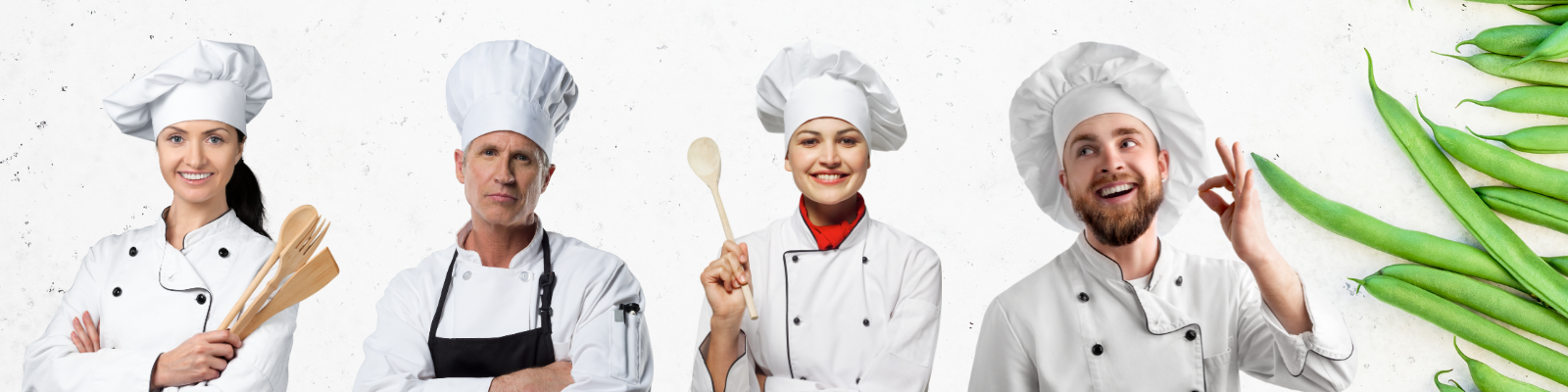 Екип от готвачи и обслужващ персонал в гастрономическо облекло ModernBHP – готварски якета, престилки, сервитьорски запаси, полско производство.