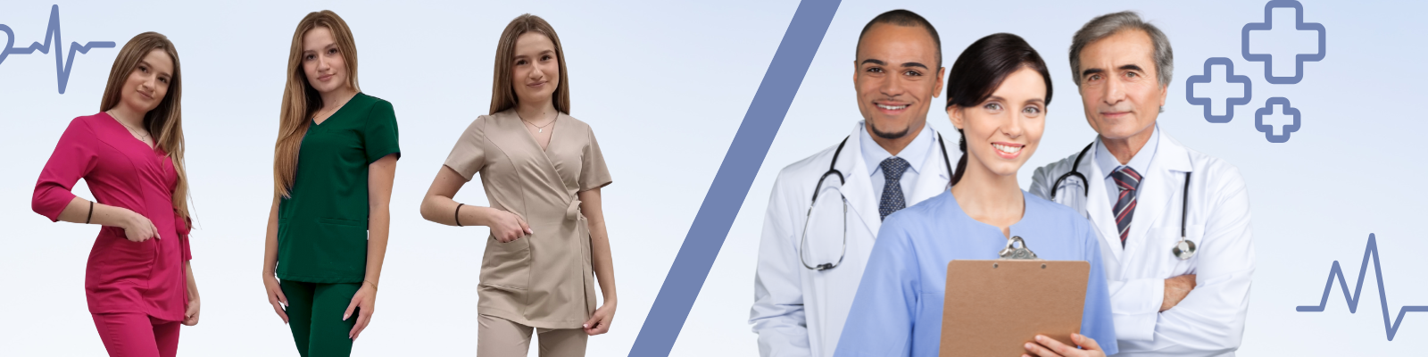 Група усмихнати медицински специалисти в медицинско облекло ModernBHP – лекар, медицинска сестра и лаборант в скрабове и лекарски жакет, полско производство.